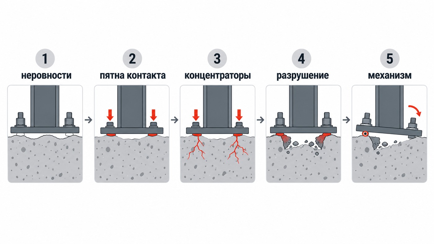 пять панелей разрушения узла без подливки: неровности, пятна контакта, концентраторы напряжений, разрушение бетона, механизм